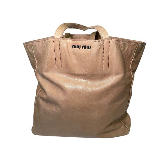 MIU MIU Vitello Leather Tote Brown Tan Large Travel Bag Tote - Picture 1 of 17